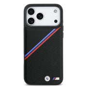 BMW iPhone 17 Pro Max Backcover Hoesje – MagSafe PU Leather Case met Tricolor Slanted Stripes & Metalen BMW Logo’s – Premium Luxe Bescherming Grijs