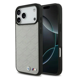BMW iPhone 17 Pro Max Backcover Hoesje – MagSafe Seat Shaped Premium Leather Case met Metalen BMW Logo’s – Extra Grip & Luxe Bescherming Grijs