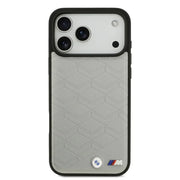 BMW iPhone 17 Pro Max Backcover Hoesje – MagSafe Seat Shaped Premium Leather Case met Metalen BMW Logo’s – Extra Grip & Luxe Bescherming Grijs