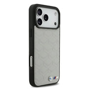 BMW iPhone 17 Pro Max Backcover Hoesje – MagSafe Seat Shaped Premium Leather Case met Metalen BMW Logo’s – Extra Grip & Luxe Bescherming Grijs