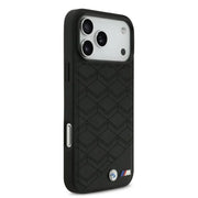 BMW iPhone 17 Pro Max Backcover Hoesje – MagSafe Seat Shaped Premium Leather Case met Metalen BMW Logo’s – Extra Grip & Luxe Bescherming Grijs