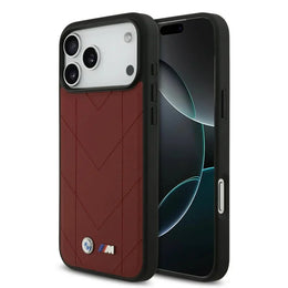 BMW iPhone 17 Pro Max Backcover Hoesje – Premium Quilted Leather Case met MagSafe & Metal Logo – Luxe Bescherming Rood