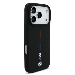 BMW iPhone 17 Pro Max Backcover Hoesje – MagSafe Compatible Liquid Silicone Case met Printed Tricolor Design & Metal Logo – Luxe Bescherming – Zwart