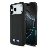 BMW iPhone 17 Pro Max Backcover Hoesje – MagSafe Compatible – Quilted Genuine Leather Case met Metalen BMW Logo – Luxe Bescherming