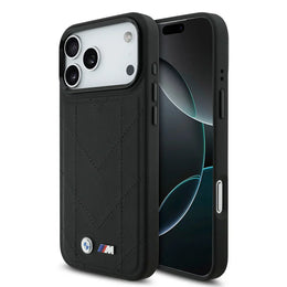 BMW iPhone 17 Pro Max Backcover Hoesje – MagSafe Compatible – Quilted Genuine Leather Case met Metalen BMW Logo – Luxe Bescherming
