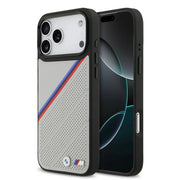 BMW iPhone 17 Pro Max Backcover Hoesje – MagSafe PU Leather Case met Tricolor Slanted Stripes & Metalen BMW Logo’s – Premium Luxe Bescherming Zwart