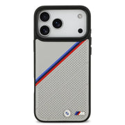 BMW iPhone 17 Pro Max Backcover Hoesje – MagSafe PU Leather Case met Tricolor Slanted Stripes & Metalen BMW Logo’s – Premium Luxe Bescherming Zwart