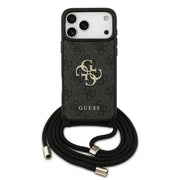 Guess iPhone 17 Pro Max Backcover Hoesje – Luxe Crossbody Case met 4G Big Logo, Verstelbare Cord Strap & Premium Bescherming Zwart