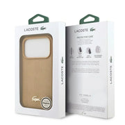 Lacoste iPhone 17 Pro Max Backcover Hoesje – MagSafe Compatible – Luxe Monogramme Print met Goudkleurig Logo Beige