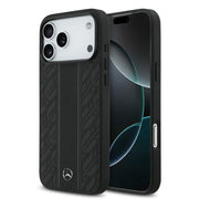 Mercedes-Benz iPhone 17 Pro Max Backcover Hoesje – Premium Genuine Leather – MagSafe Compatible – Laurel Leaves & Stripes Design – Zwart