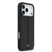 Mercedes-Benz iPhone 17 Pro Max Backcover Hoesje – Premium Genuine Leather – MagSafe Compatible – Laurel Leaves & Stripes Design – Zwart