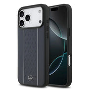Mercedes-Benz iPhone 17 Pro Max Backcover Hoesje – Premium Genuine Leather – MagSafe Compatibel – Star Pattern & White Stripes – Navy Blue | Luxe Bescherming